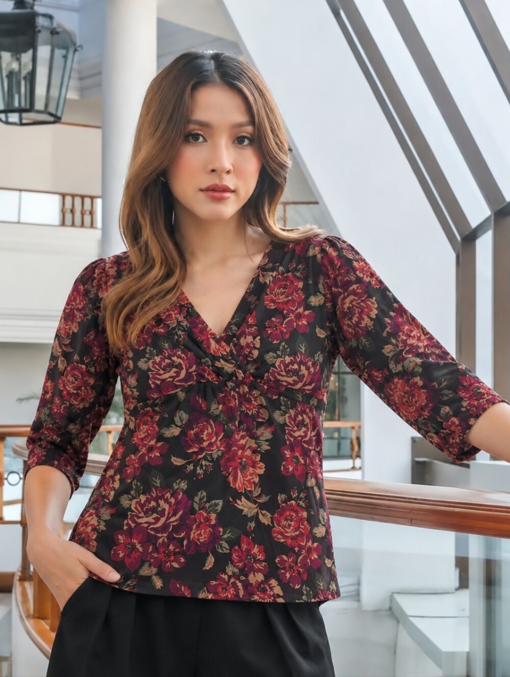 Chaps Burgundy Floral V-Neck Romantic Casual Evening Stretch Fall Blouse 1X